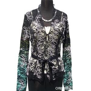 Cache Luxe Black Lace Sheer Illusion Lace Top Jacket White Trim New $228 NWT